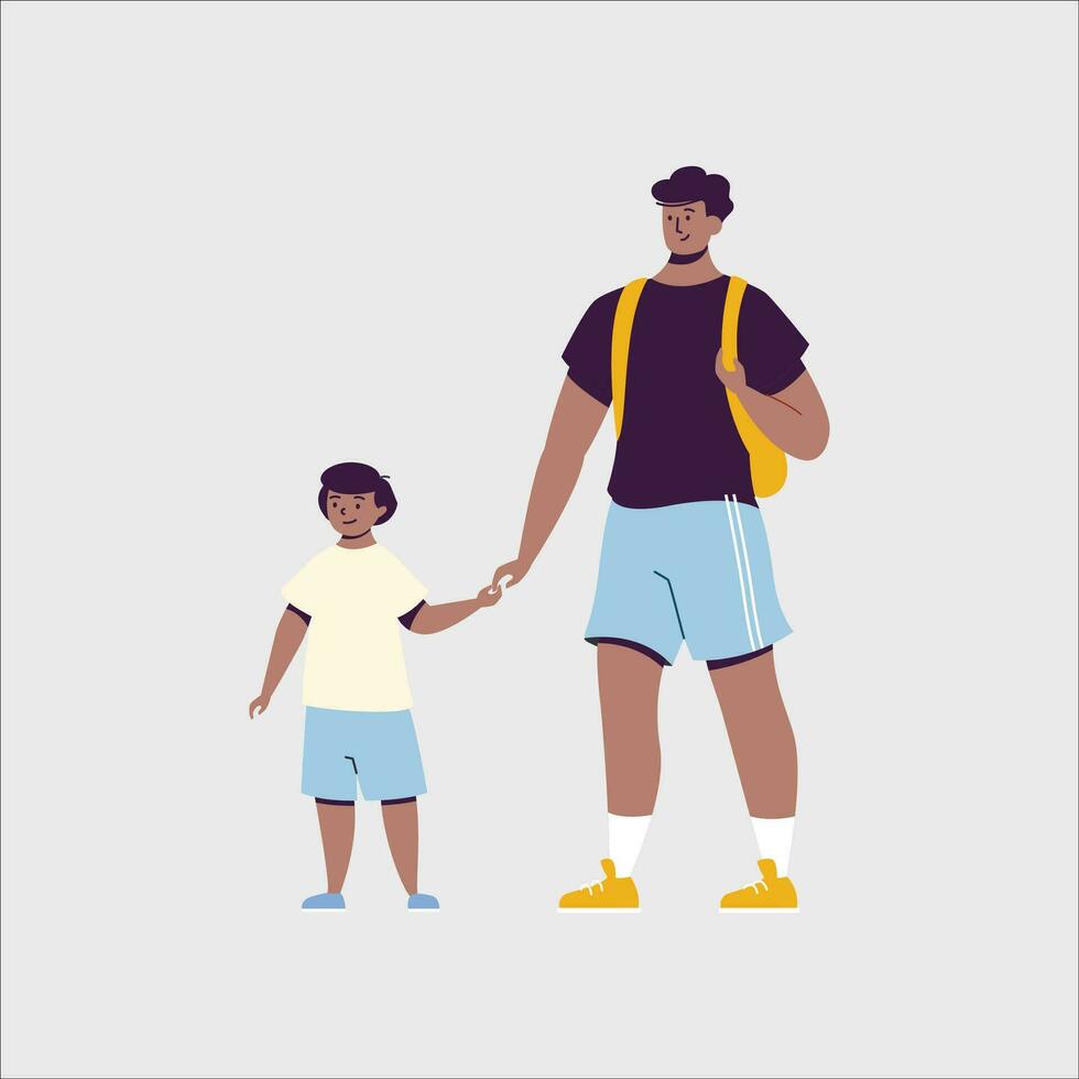Father and son walking together with backpack. Vector illustration in flat style