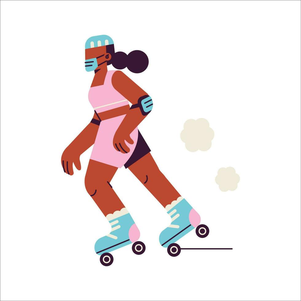 joven mujer en rodillo patines vector ilustración en plano estilo.