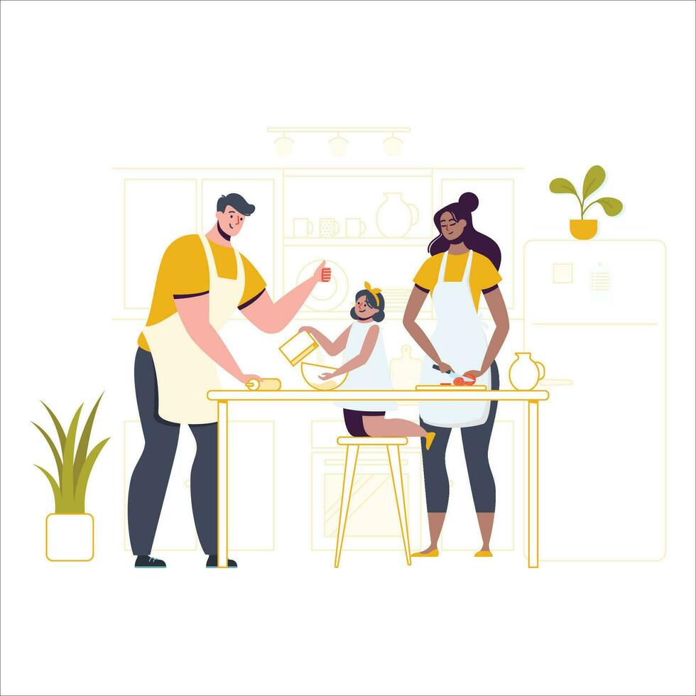 Happy family preparing food in the kitchen. Mother, father and daughter cooking together. Flat style vector illustration.