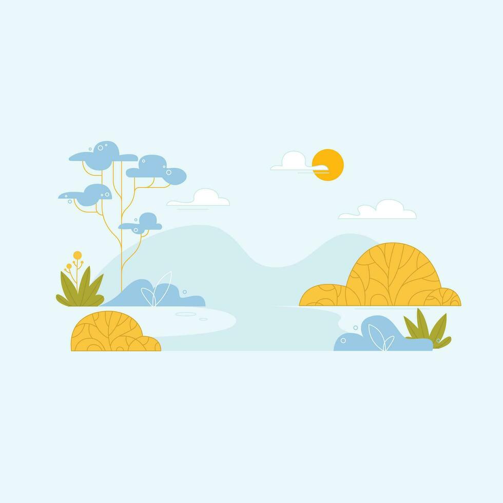 paisaje con arboles y nubes en plano estilo. vector ilustración.