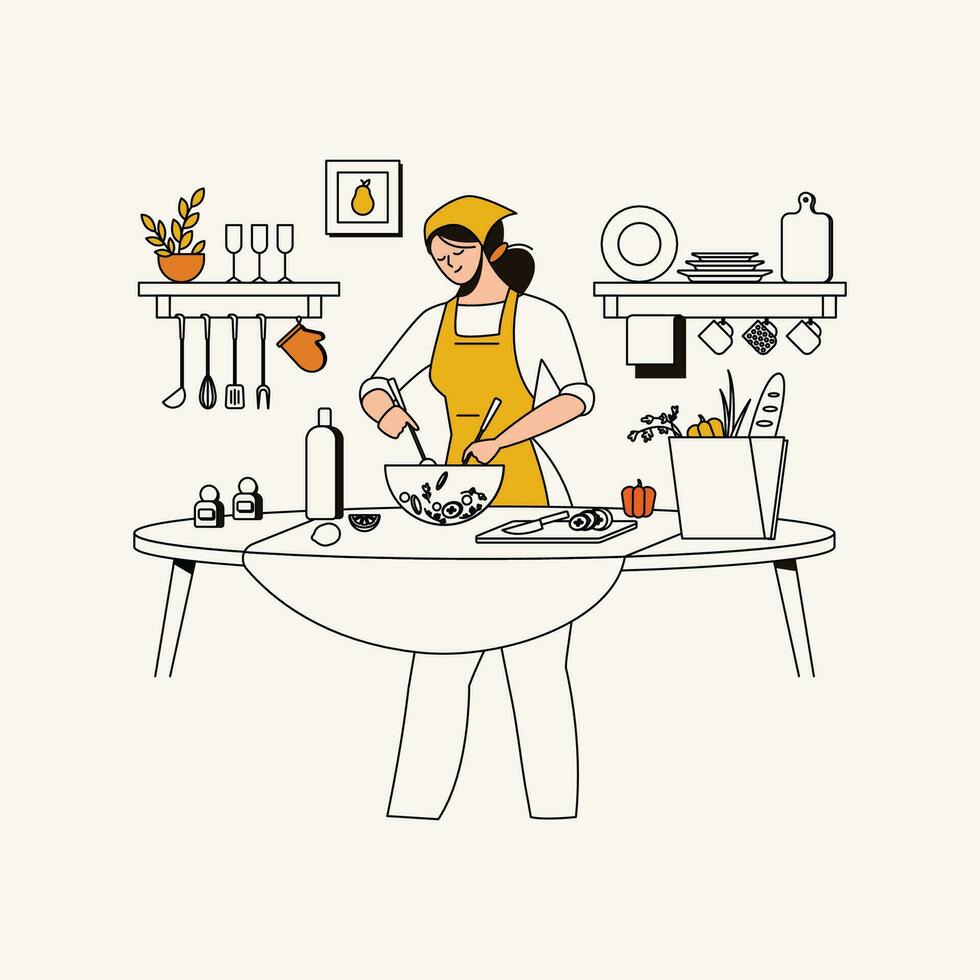Vector illustration of a woman washing dishes in the kitchen. Housewife in the kitchen.