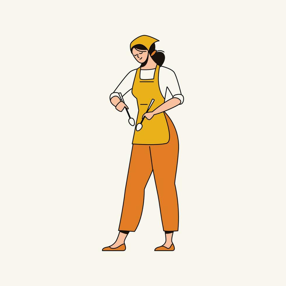Vector illustration of a woman in uniform and apron with a brush in her hand