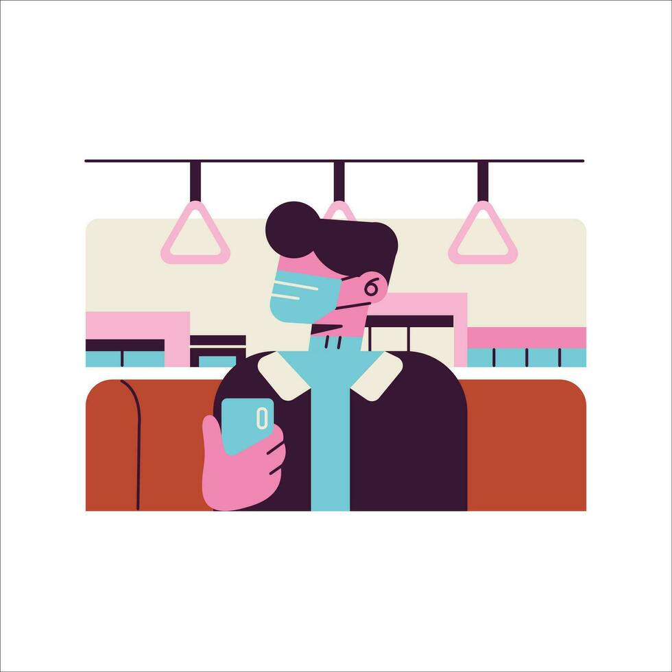 Man in medical mask using mobile phone. Vector illustration in flat style