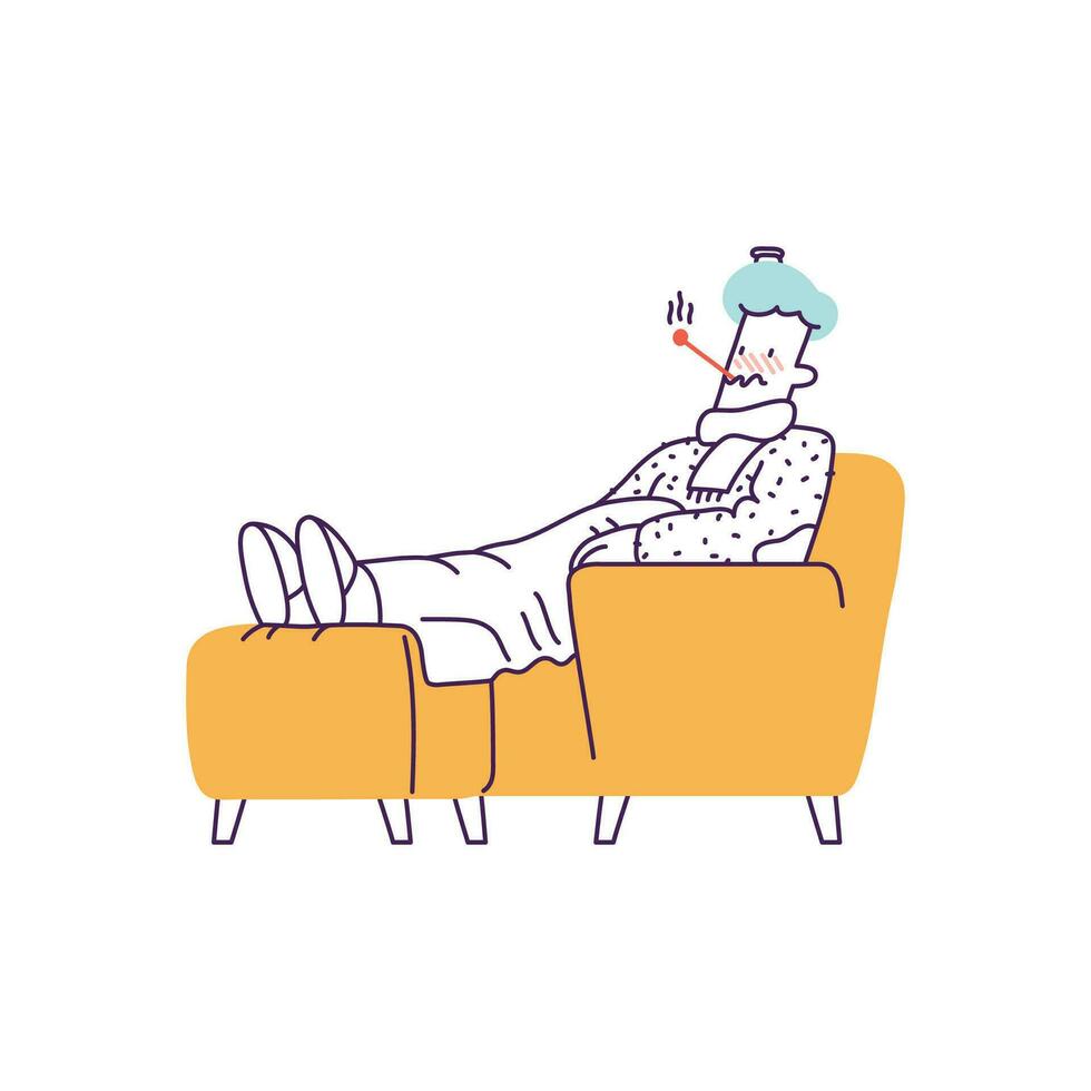 Sick man lying on sofa. Vector illustration in line art style