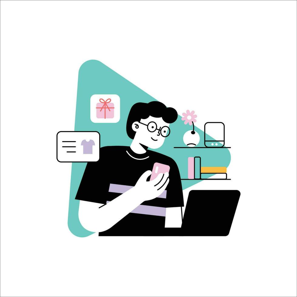 Online shopping concept. Vector illustration in trendy flat style. A man with a phone in his hands.