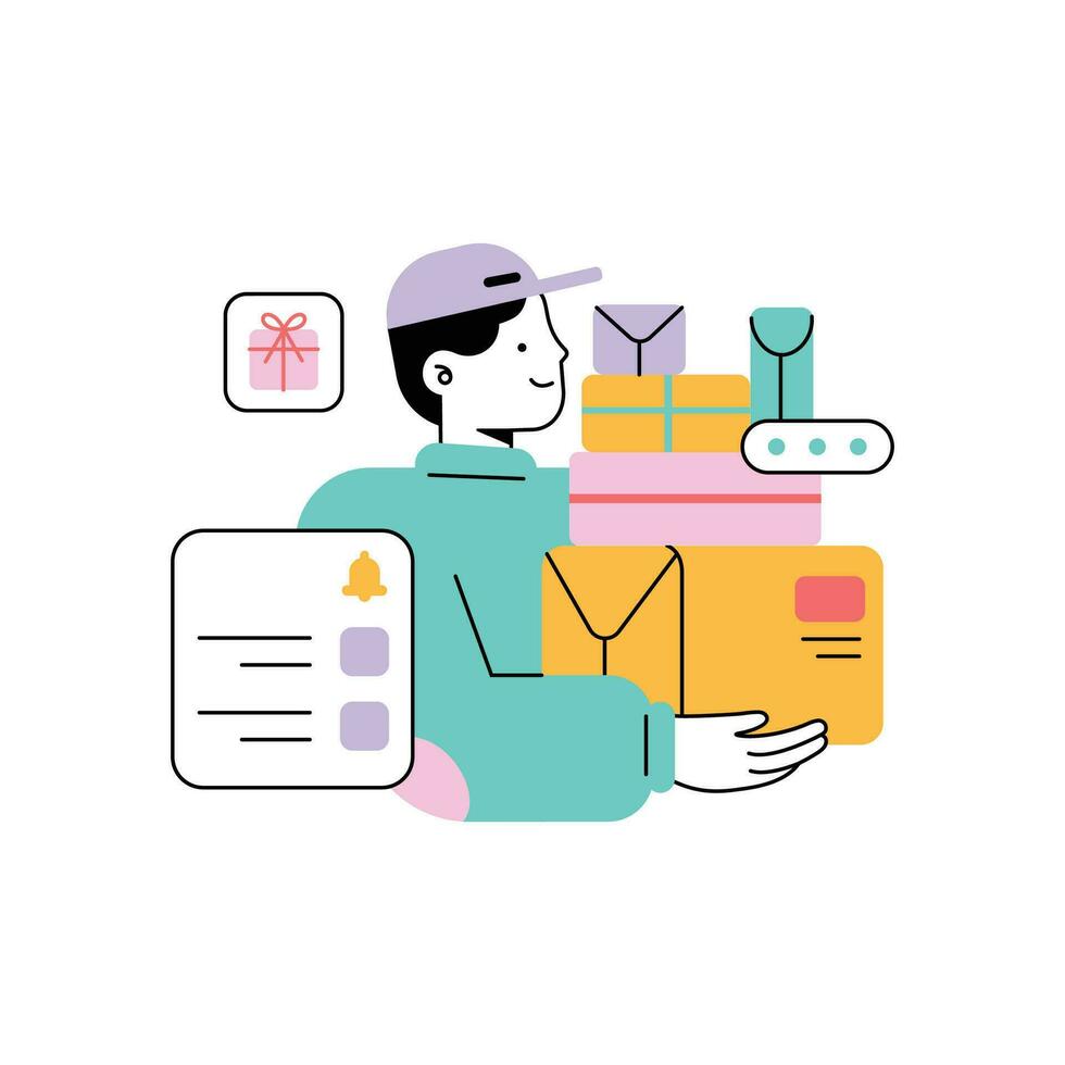 Delivery man with parcels and boxes. Vector illustration in flat style.