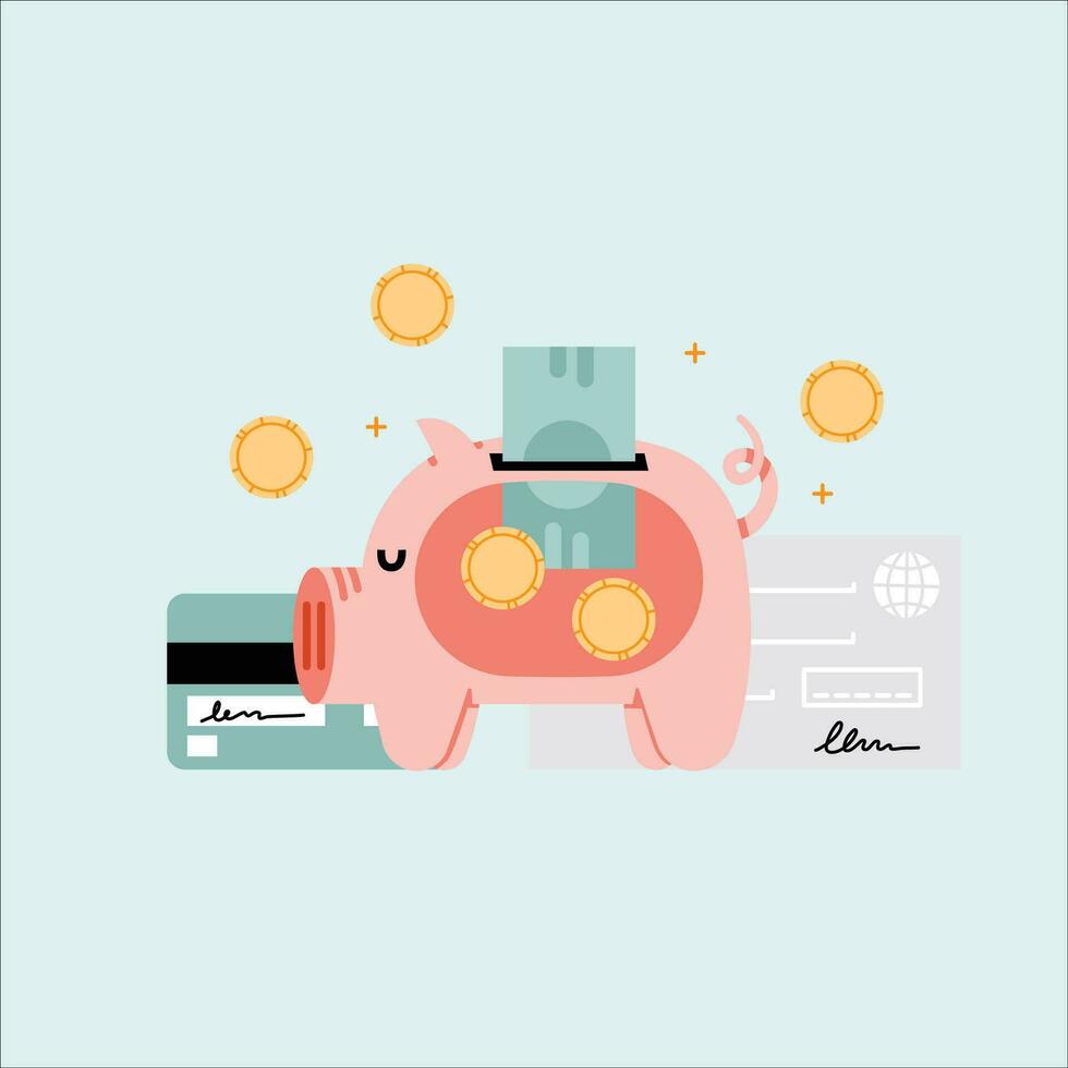 cerdito banco con dinero y crédito tarjeta. vector ilustración.