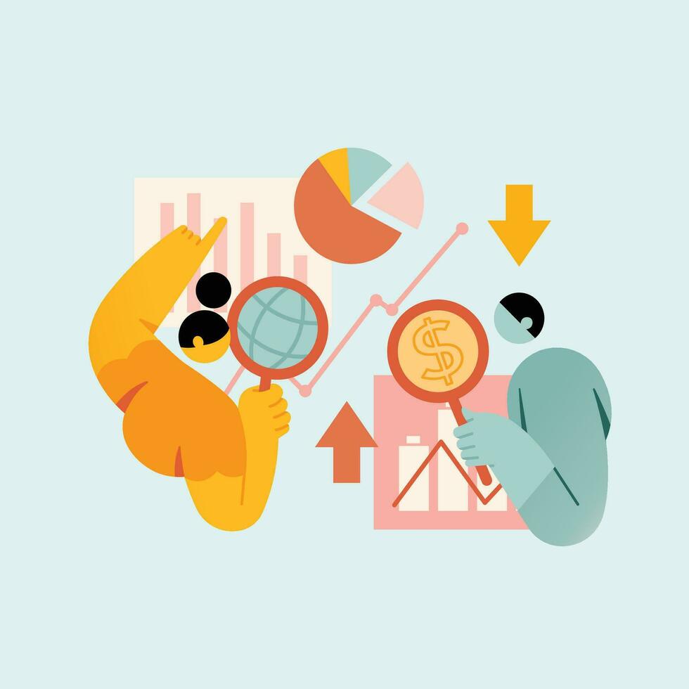 Businessman and businesswoman analyzing investment charts. Flat design vector illustration.