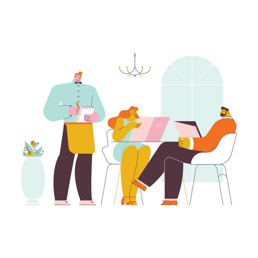 personas sentado a el mesa en cafetería, Bebiendo café y hablando. vector ilustración en plano estilo