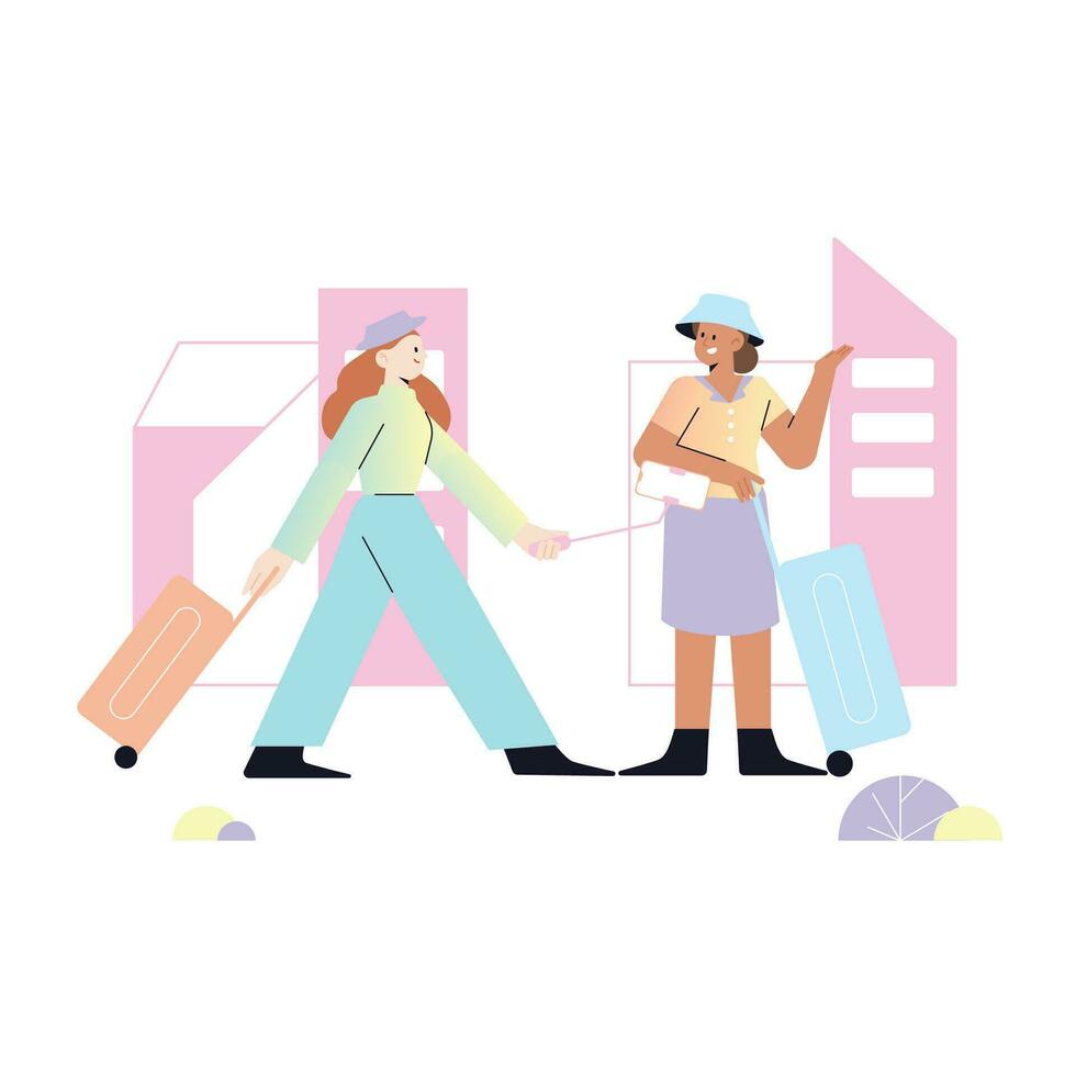 Couple of tourists with suitcases. Vector illustration in flat style