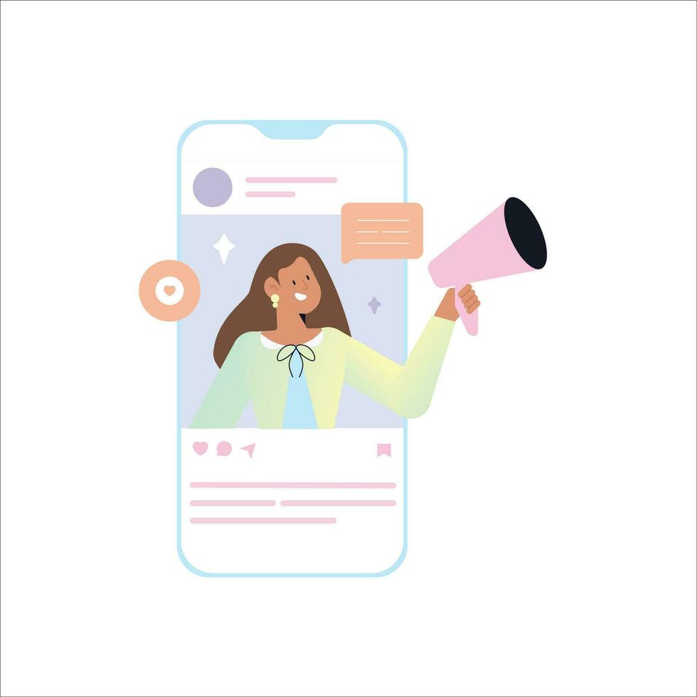 Woman with megaphone on smartphone screen. Vector flat illustration.