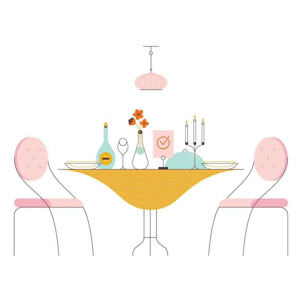 Easter table with eggs and candlesticks. Vector illustration in flat style