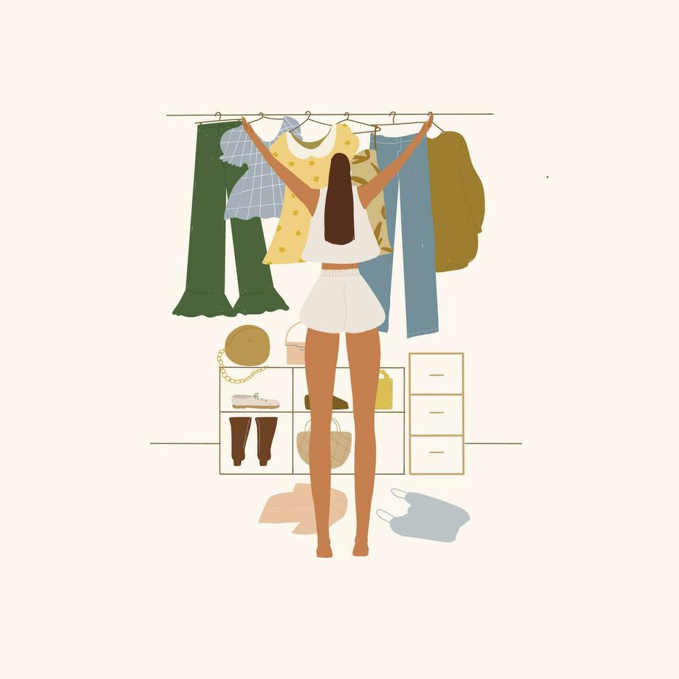 Fashionable woman in the wardrobe. Vector illustration in flat style