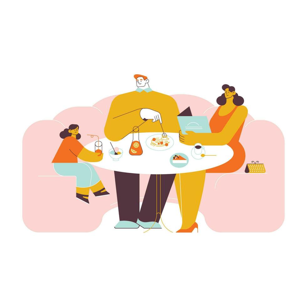 Family sitting at the table in the cafe. Flat vector illustration.