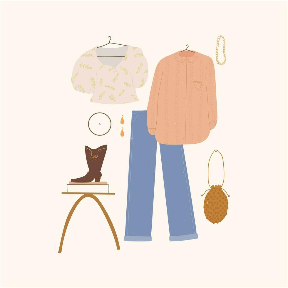 Fashionable clothes and accessories set. Vector illustration in flat style.