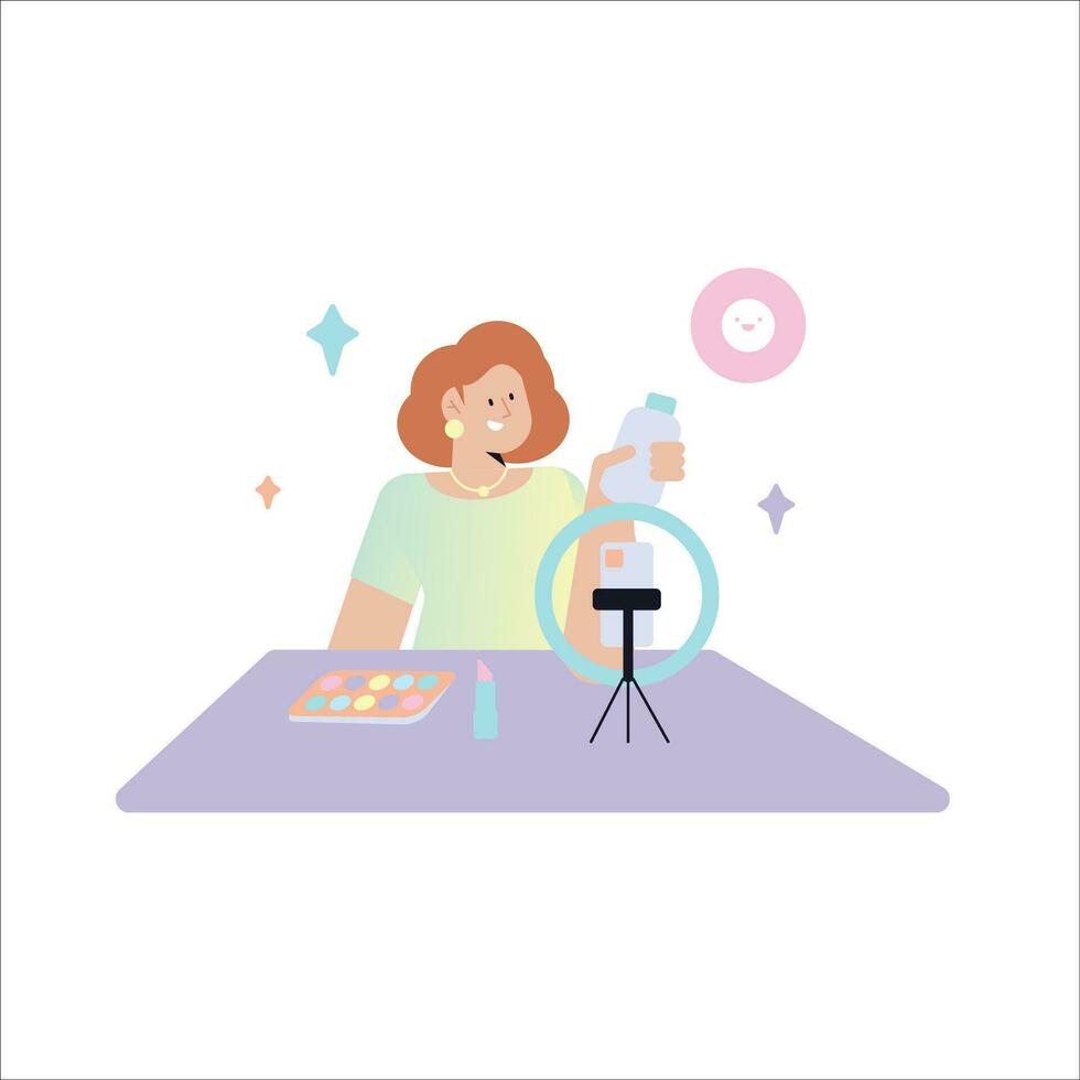 Female blogger recording video for social networks. Vector illustration in flat style
