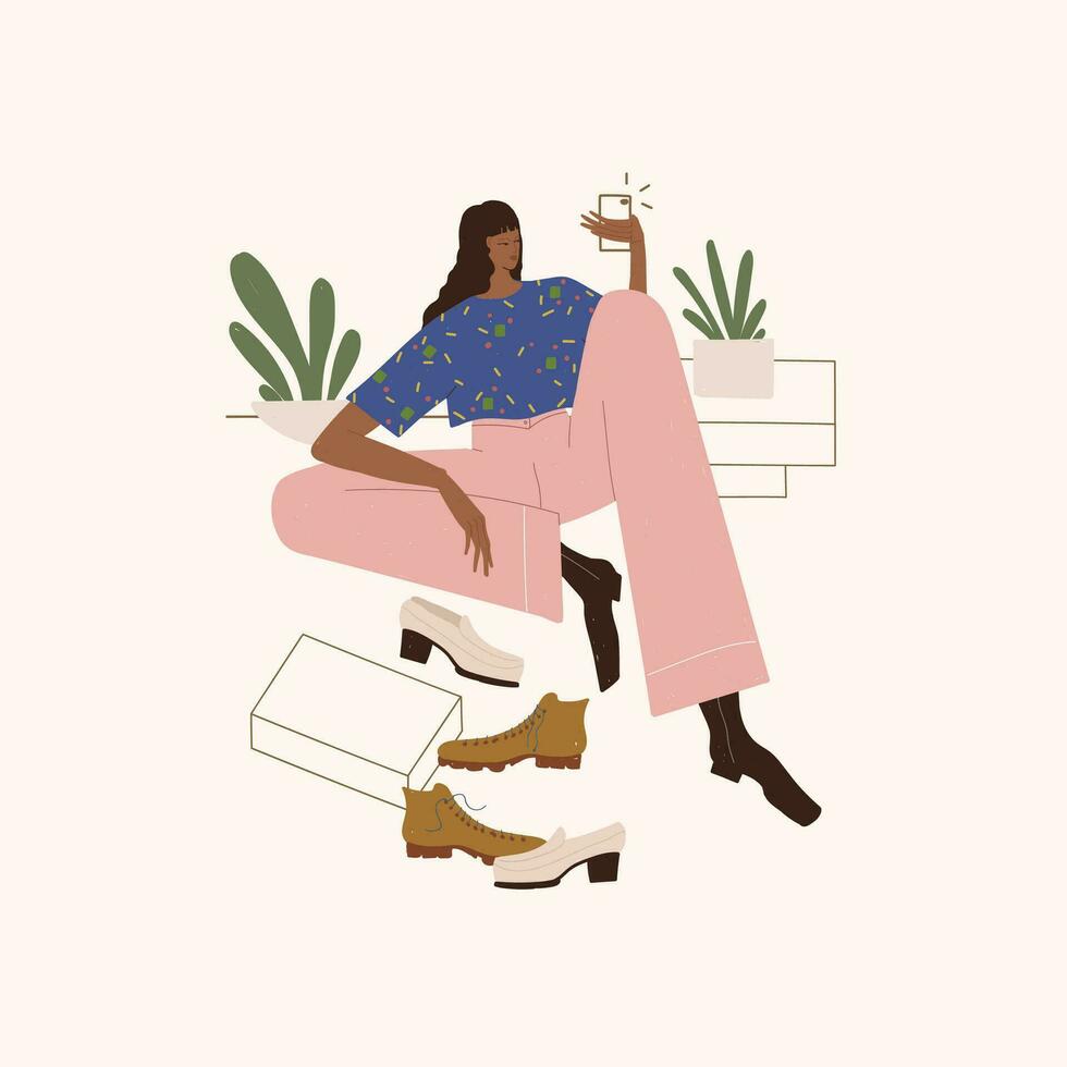 Woman sitting on the floor and drinking coffee. Flat vector illustration.