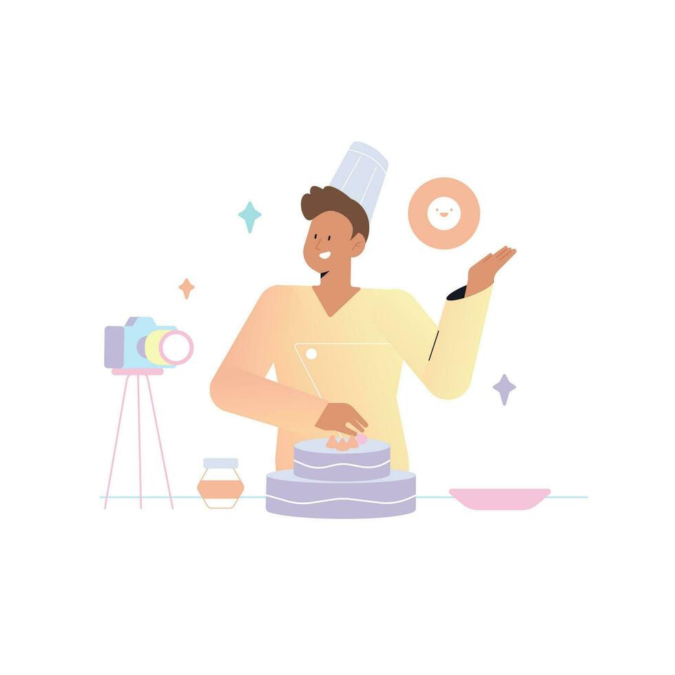 Man in chef hat and apron making a cake, flat vector illustration.