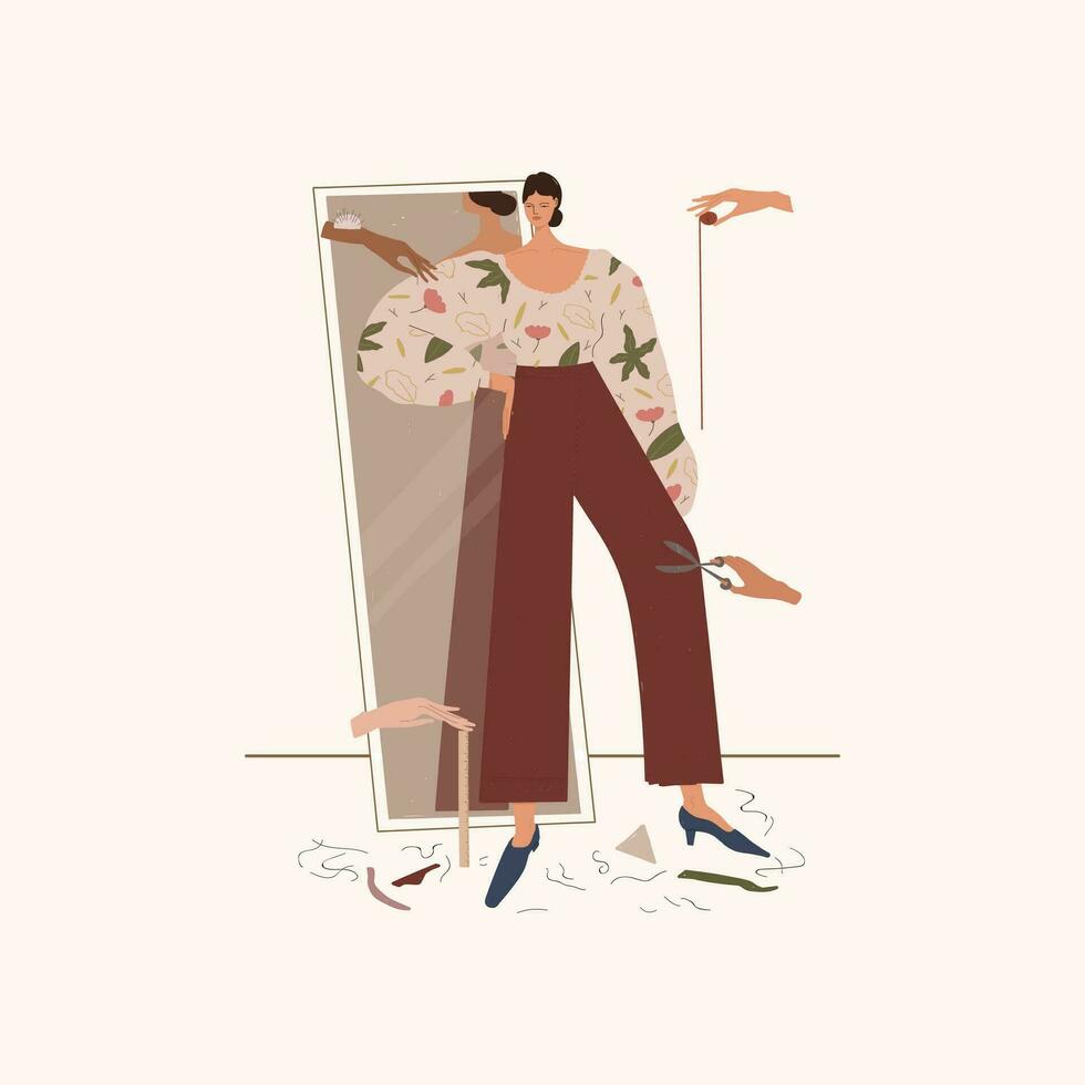 Fashionable woman in trendy clothes. Vector illustration in flat style