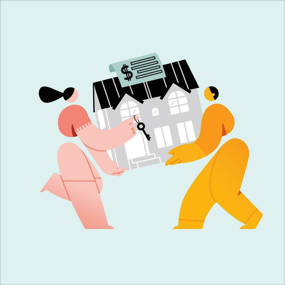 Real estate concept. Man and woman building a house. Vector illustration