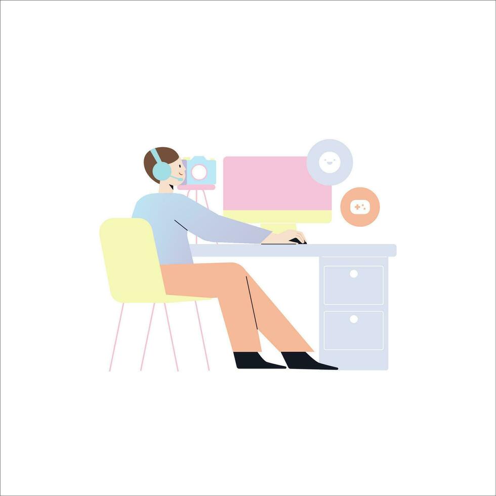 Freelance woman working on computer at home. Vector illustration in flat style