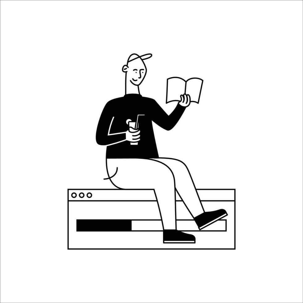 hombre leyendo libro y Bebiendo café. vector ilustración en plano estilo.