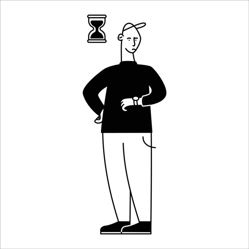 Man with hourglass, time management concept. Vector flat illustration.