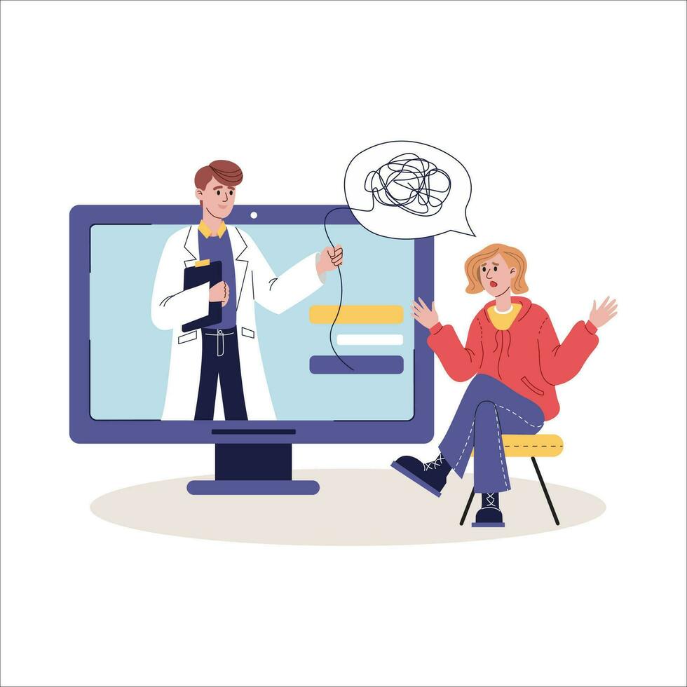 en línea médico consulta. médico y paciente en computadora pantalla. plano vector ilustración.