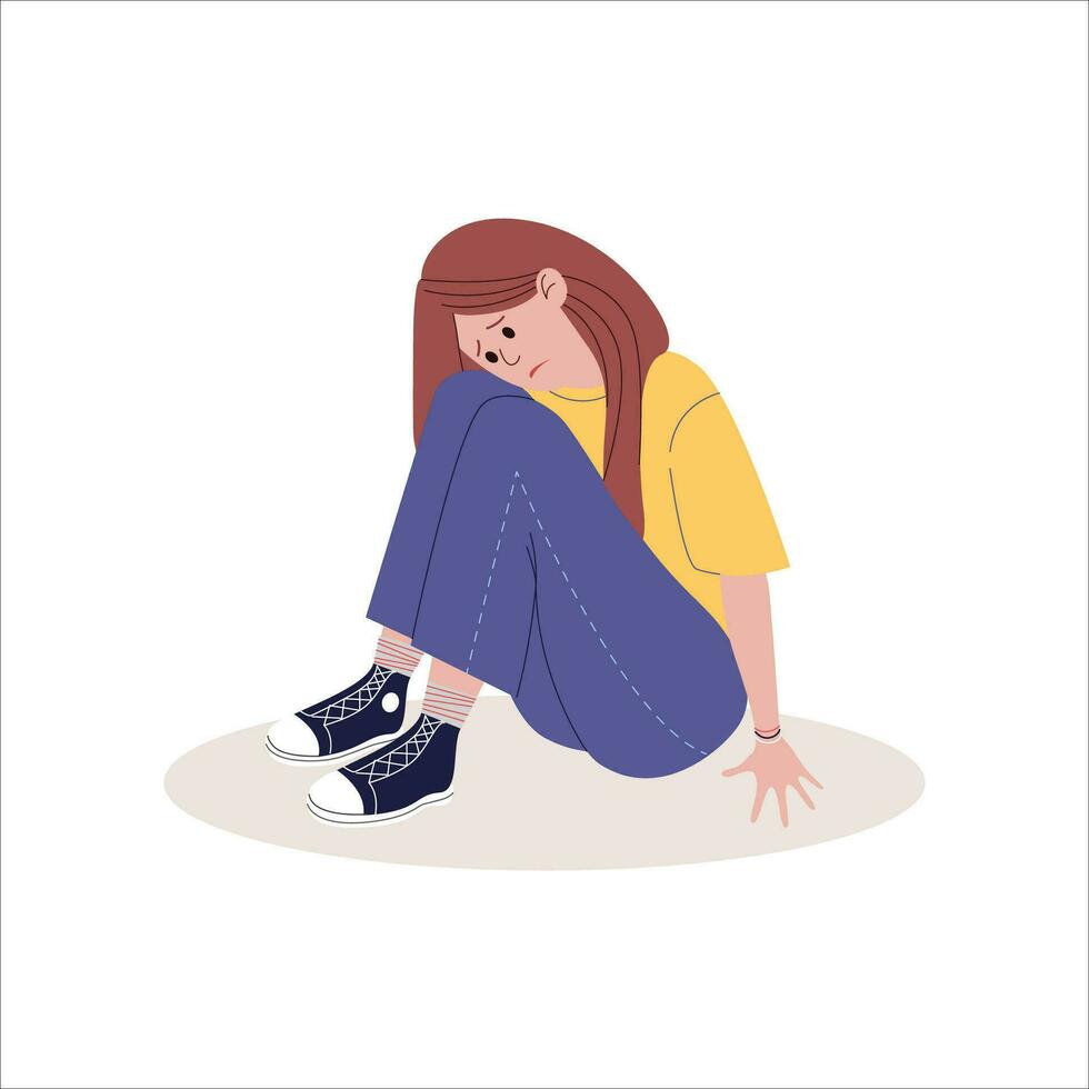 triste niña sentado en el piso. vector ilustración en plano estilo.