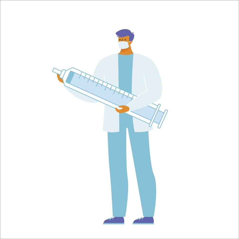 Doctor in protective mask holding syringe. Vector illustration in flat style