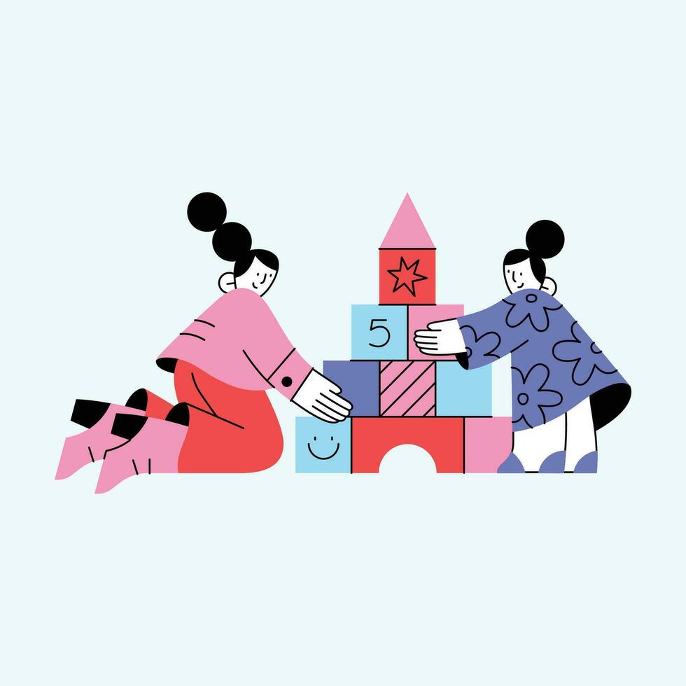 Mother and daughter playing with toys. Vector illustration in flat style.