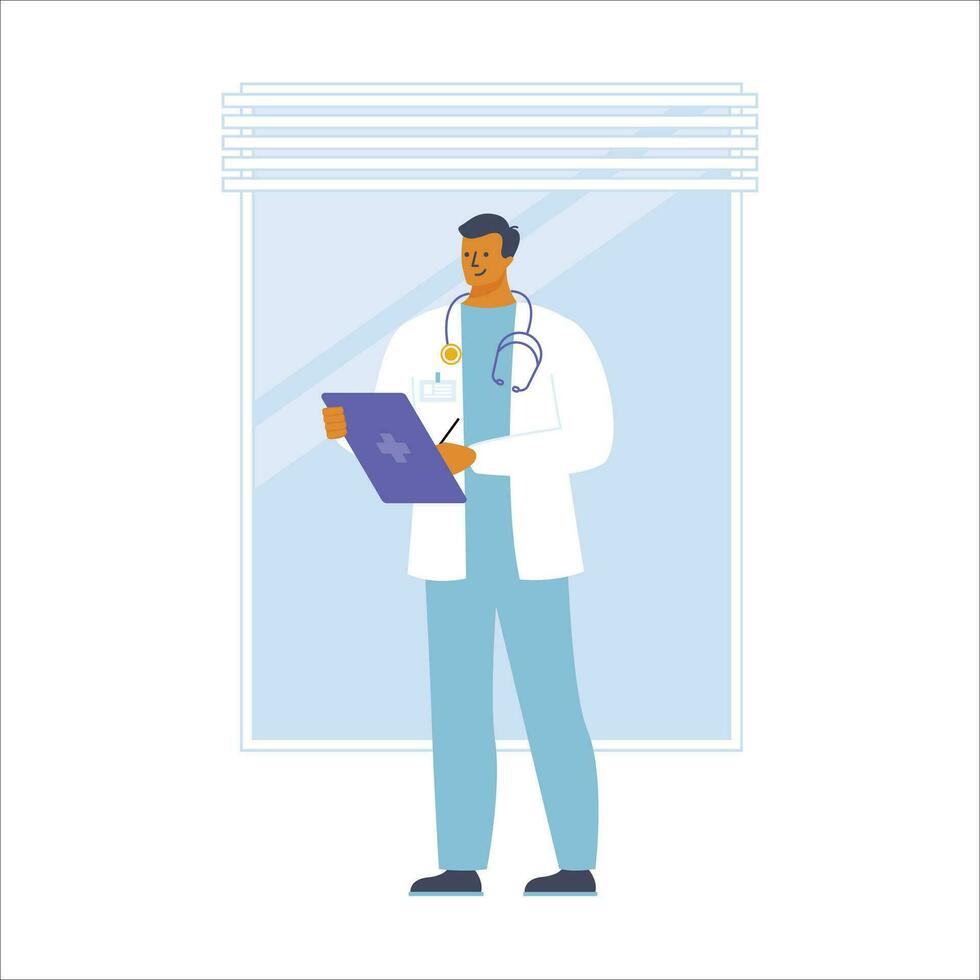 Male doctor with stethoscope and clipboard. Vector illustration in flat style