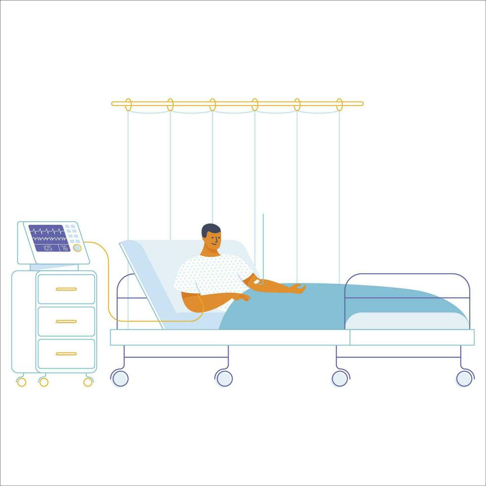 hospital cama y paciente. plano vector ilustración de un hombre en hospital cama.