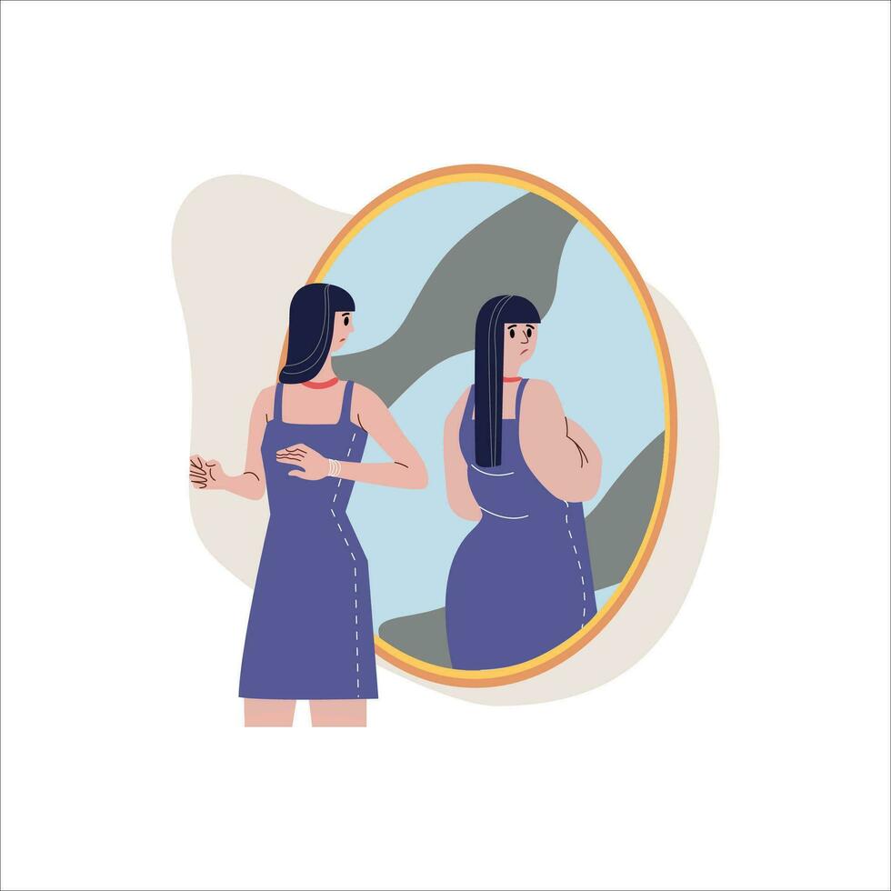 Pregnant woman looking at mirror. Vector illustration in flat style