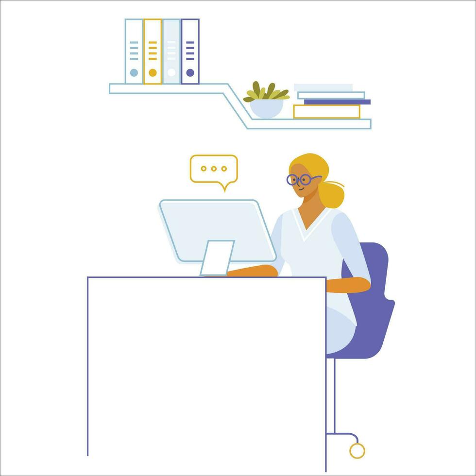 Woman sitting at desk and working on computer. Flat style vector illustration.