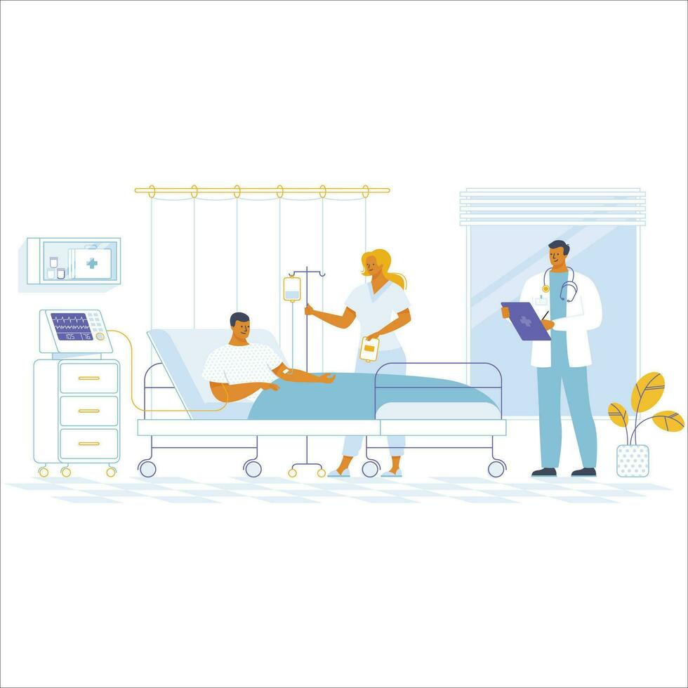 paciente en hospital cama. vector ilustración en plano dibujos animados estilo.