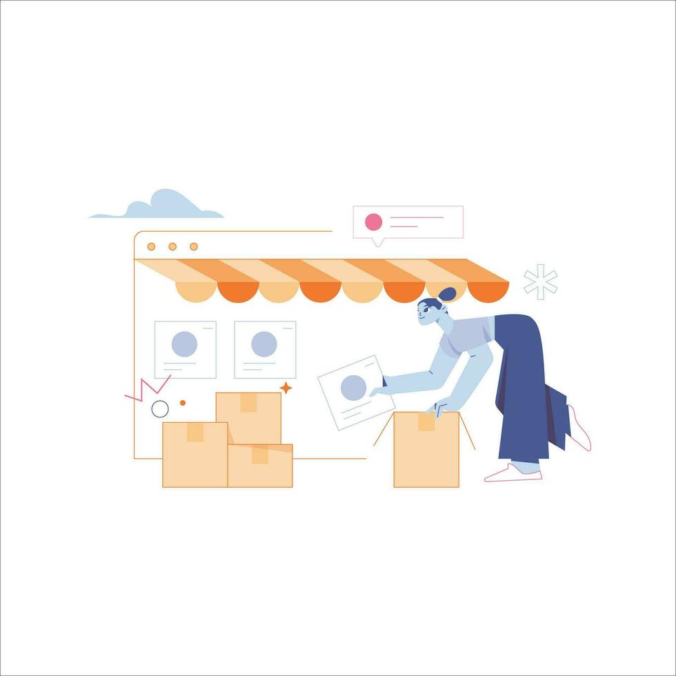 Courier delivering parcel to customer. Online shopping concept. Vector flat illustration