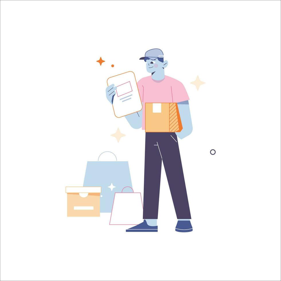 Delivery man with box and parcel. Vector illustration in flat style.