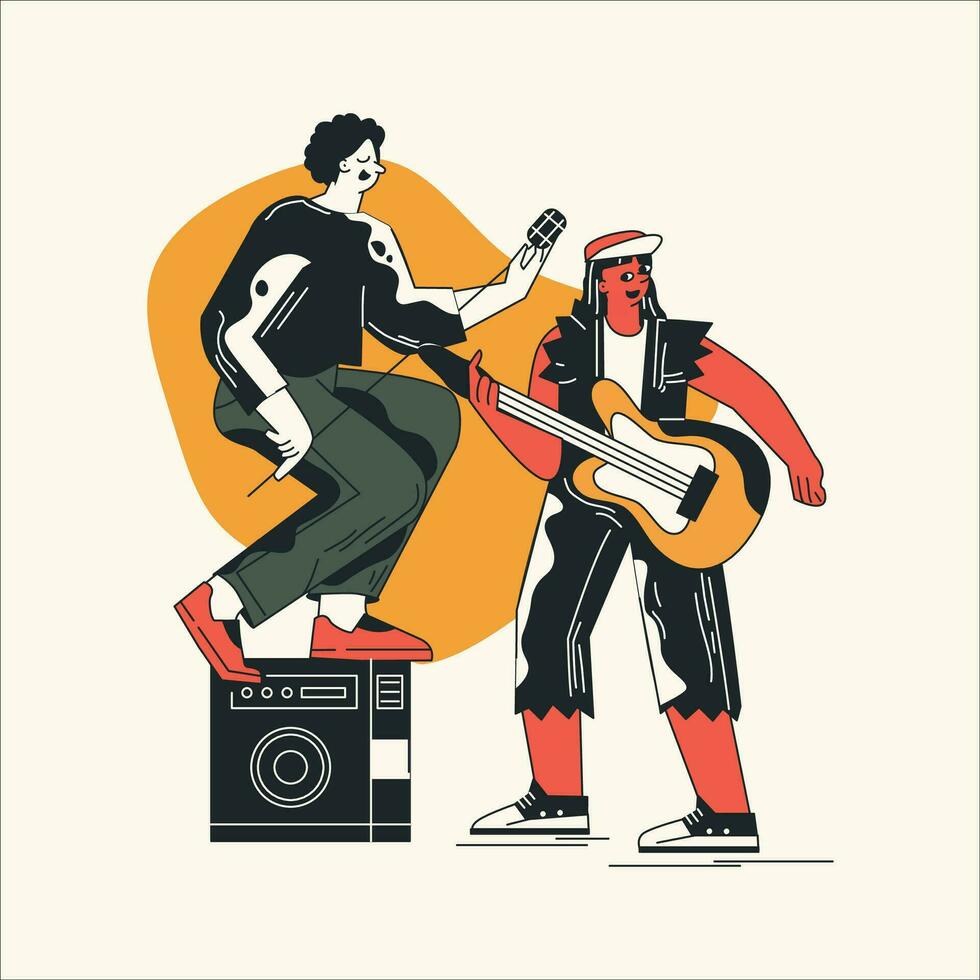 Musicians playing guitar and singing on stage. Vector illustration in cartoon style