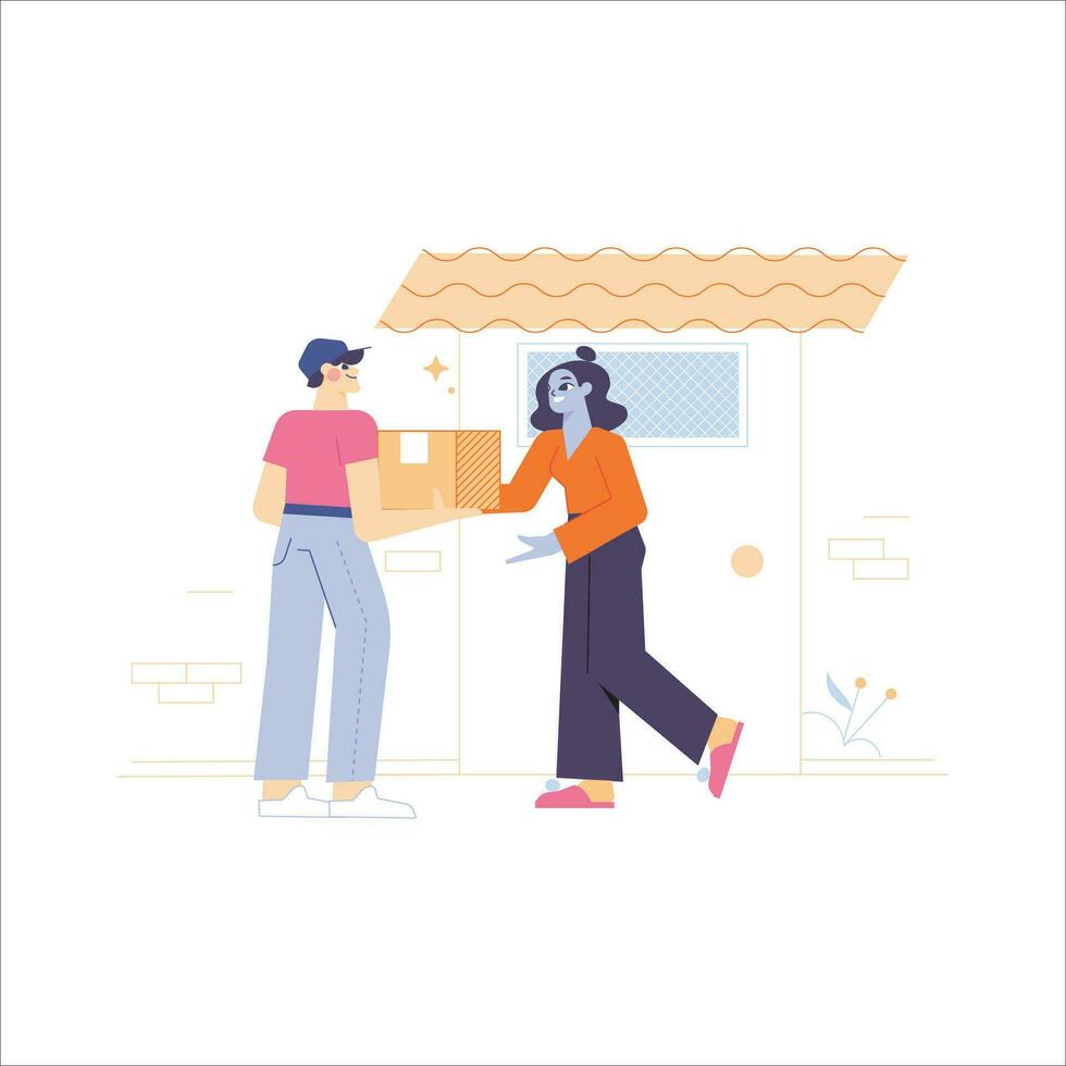 Courier delivering parcel to customer flat vector illustration. Delivery service concept.