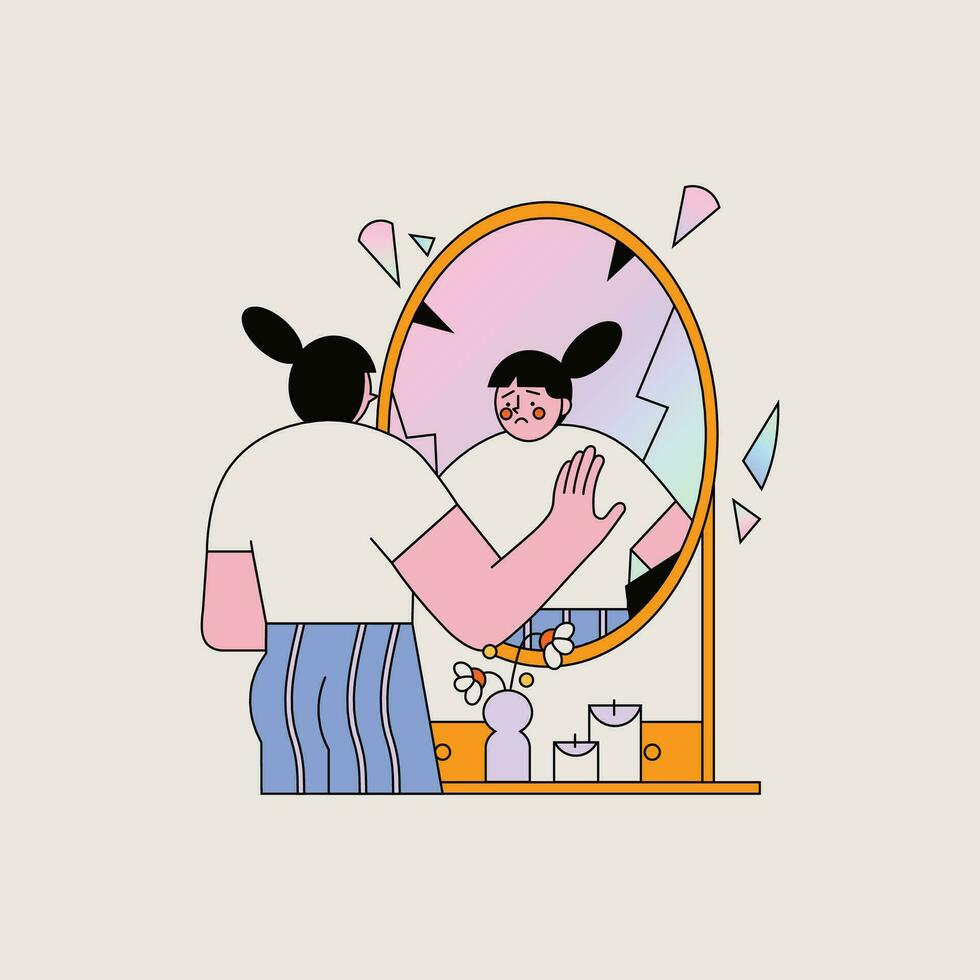 Girl applying cream on her face in front of mirror. Vector illustration