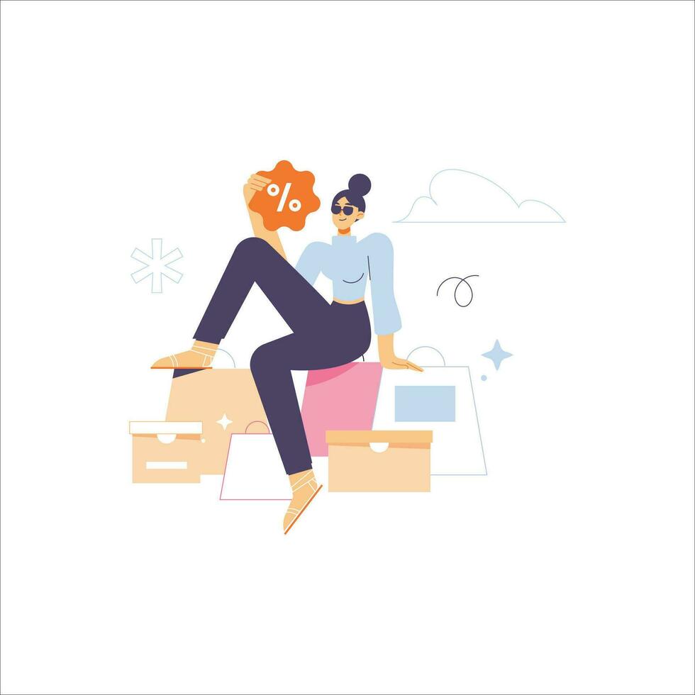 Woman sitting on the box with percent sign. Flat vector illustration.