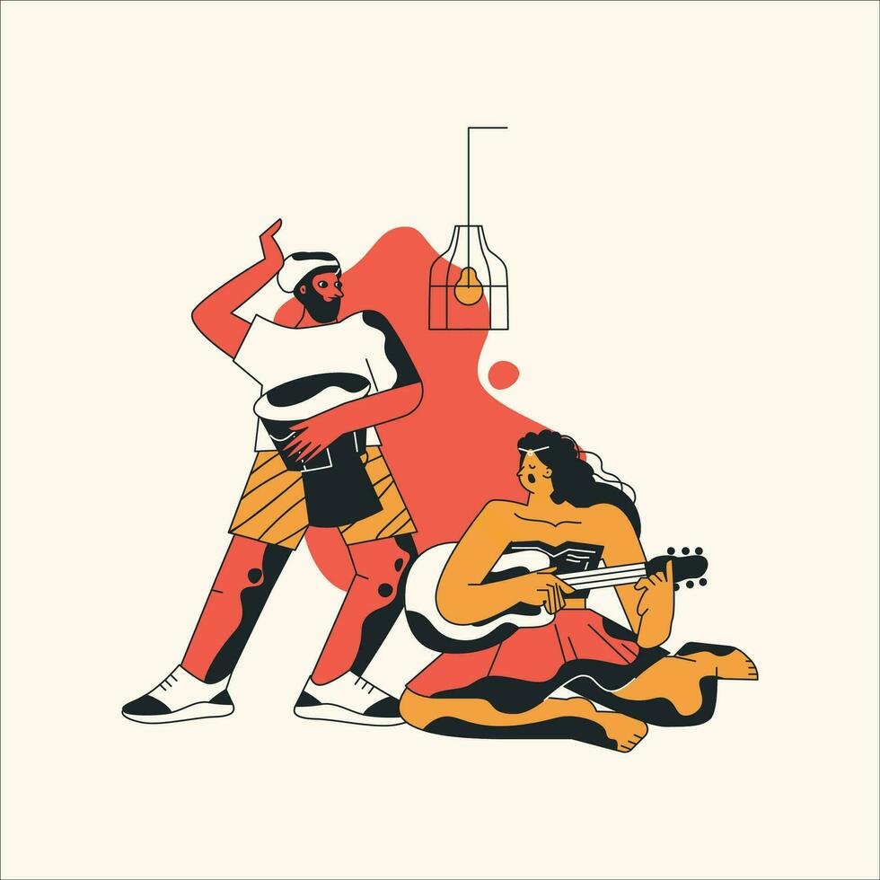 Vector illustration of a man playing guitar and singing to his girlfriend.