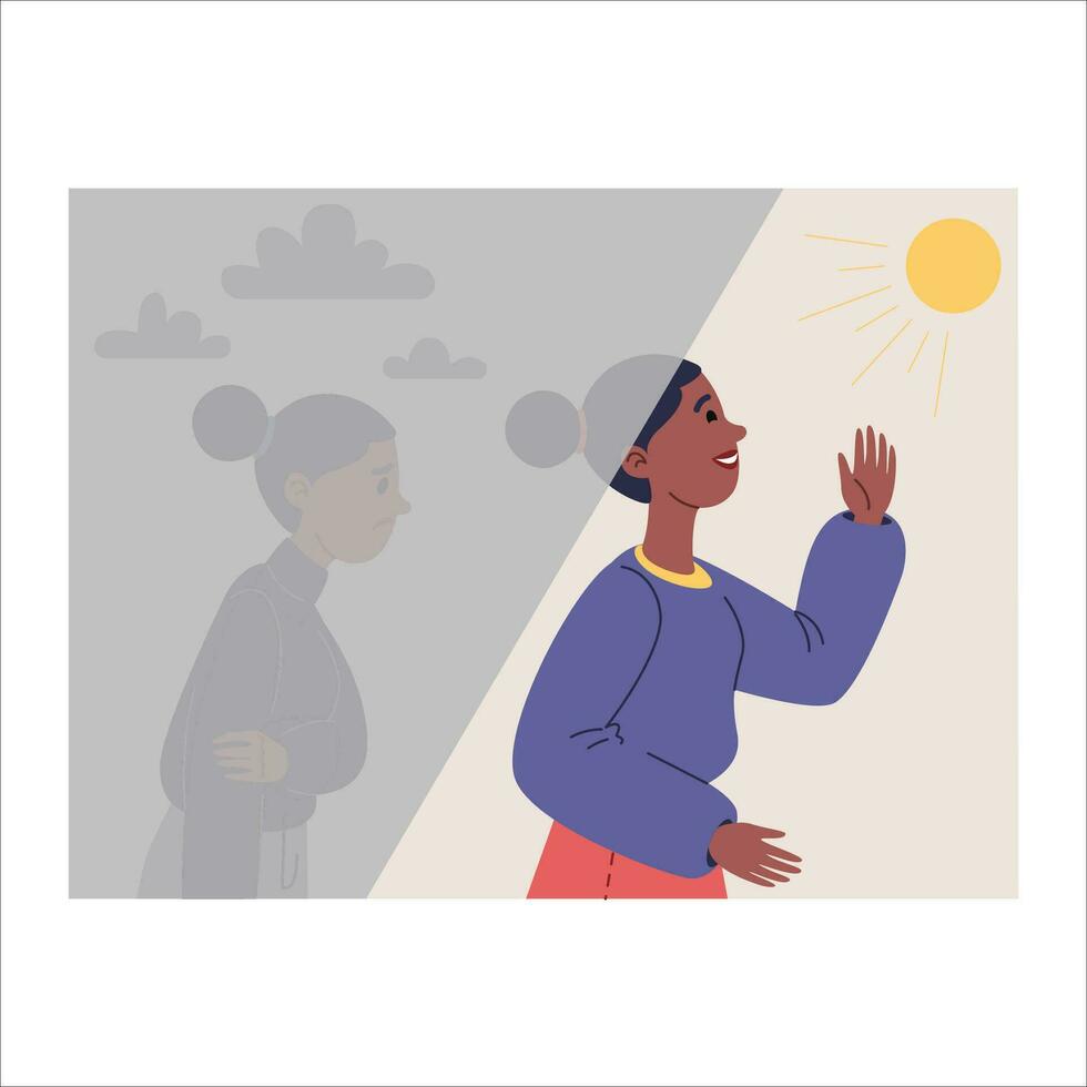 joven africano americano mujer mirando a puesta de sol. vector ilustración en plano estilo