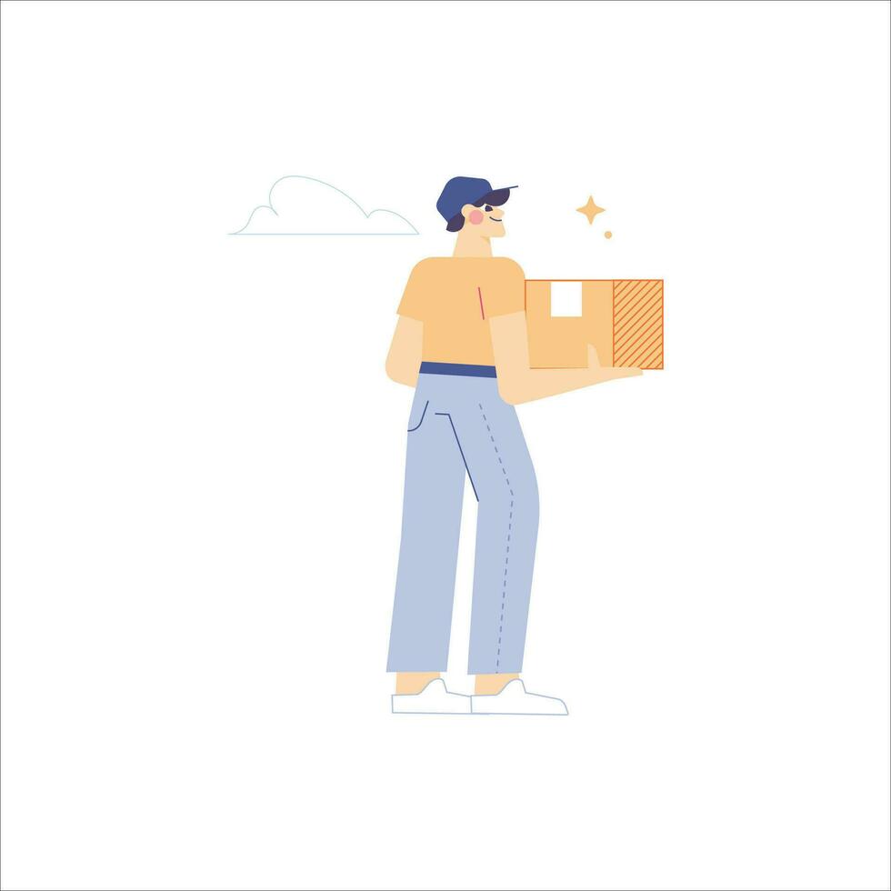 Delivery man with cardboard box. Flat vector illustration on white background.