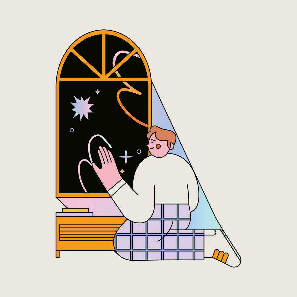 The boy is sitting on the windowsill. Vector illustration in flat style.