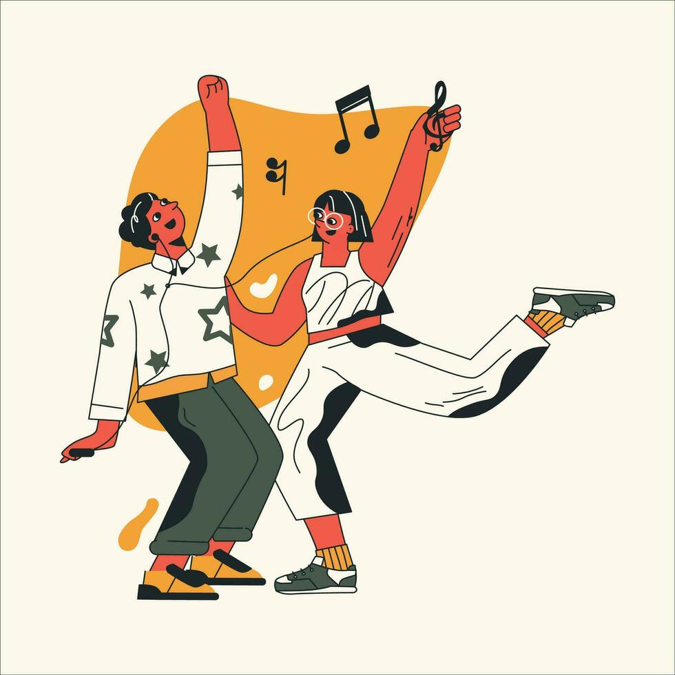 Vector illustration of dancing people in flat style. Young men and women in love dancing together.