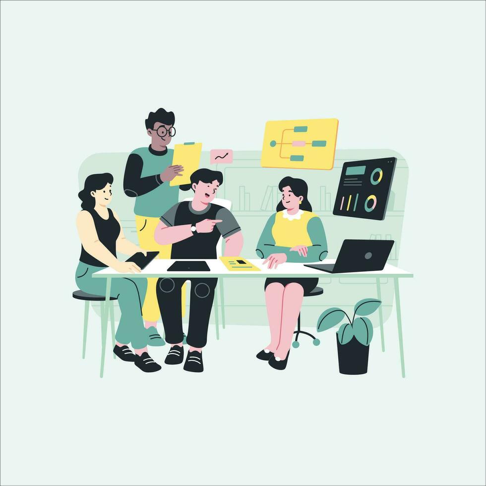 Vector illustration of a group of people working together in the office.