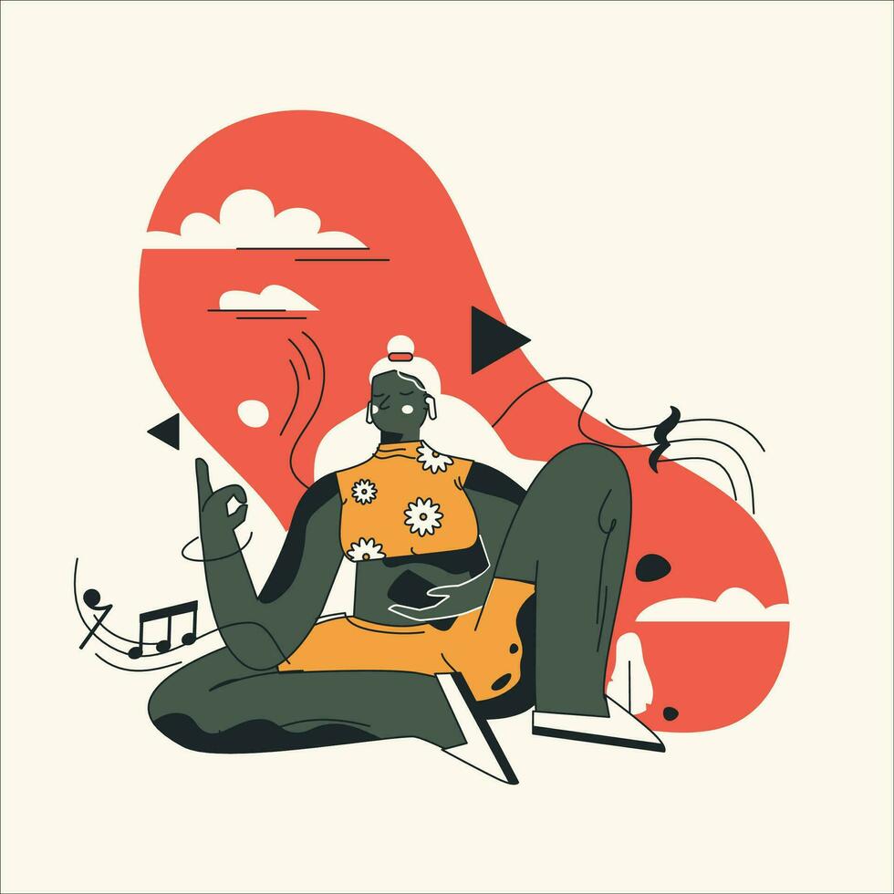 Vector illustration of a girl sitting on the floor and listening to music.