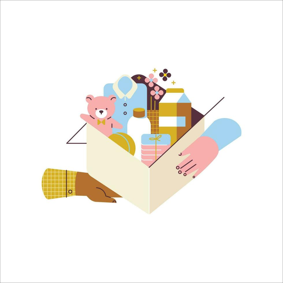 Donation box with clothes, food and toys. Flat vector illustration.